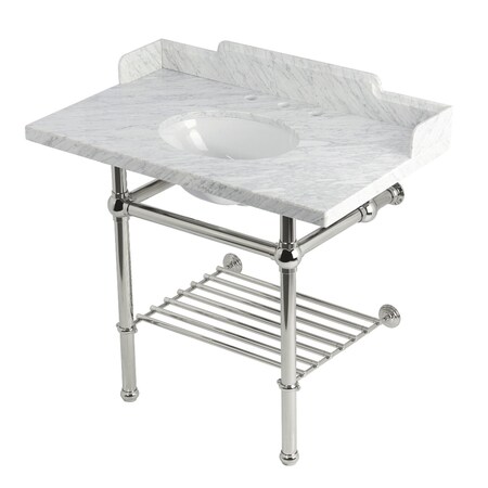 Kingston Brass 36-Inch Carrara Marble Console Sink with Brass Legs and Shelf, 8-Inch, 3-Hole LMS3630MBB6