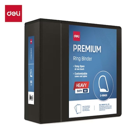 Deli Heavy Duty View Binder 5in, Letter, 3-Sided D-Ring, 4 Pockets, Black, 2PK CF578-BK