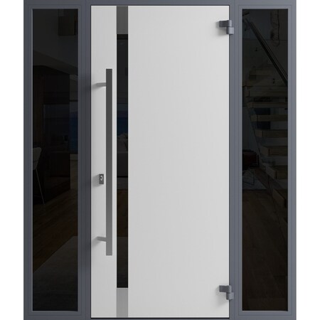 Vdomdoors Front Exterior Prehung Steel Door Ronex1011 Grey 2 Sidelight Exterior Windows Sidelites Stainless RONEX1011EXD-GRE-W14+36+14 X H80-LH-I