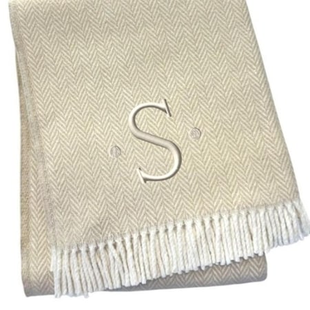 Homeroots 55" X 70" Linen White Herringbone Cotton Blend S Initial Throw Blanket with Tassels Embroidery 680602