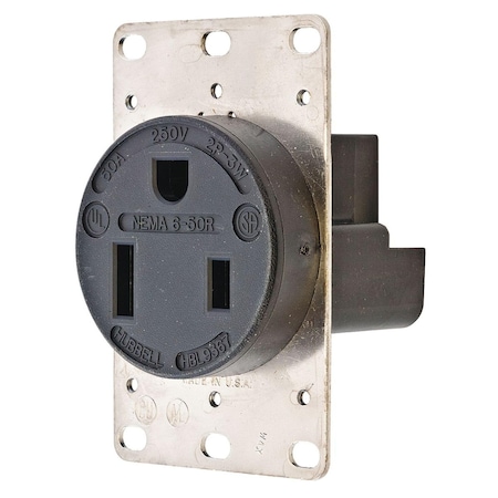 Hubbell Wiring Industrial 2-Pole 3-Wire 50A 250V 6-50R Receptacle, Black, Single Pack HBL9367