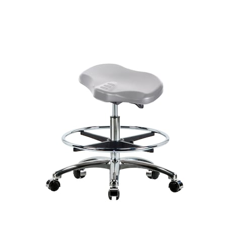 Blue Ridge Ergonomics Poly Ray Sit-Stand Stool Chrome-Medium Bench Ht with Chrome Foot Ring & Chrome Casters in Gray Poly PRPMBSO-CR-CF-CC-GRY