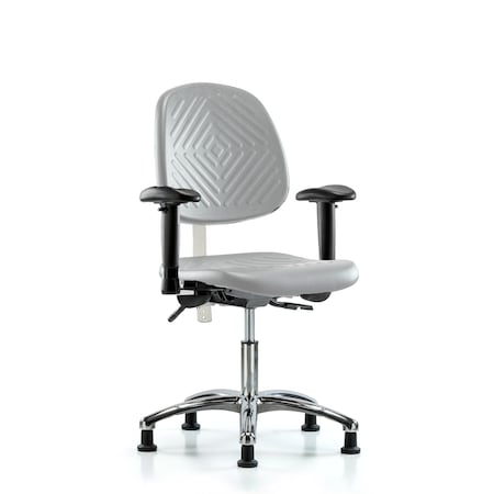 Blue Ridge Ergonomics Class 100 Poly Clean Room Chair-Desk Ht with Medium Back, Adjustable Arms, &Stat Glides in Gray Poly NCR-PDHCH-MB-CR-T0-A1-RG-GRY
