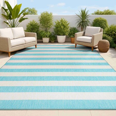Jonathan Y Negril Two-Tone Wide Stripe Aqua/Cream 8 ft. x 10 ft. Indoor/Outdoor Area Rug SMB203E-8