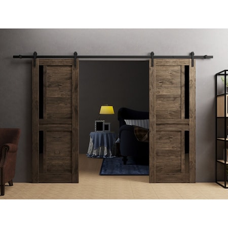 Sartodoors Sturdy Dbl Barn Door 48 x 84in W/, Cognac Oak W/ Black Glass, 13FT Rail Hangers Heavy Set VEREGIO7588DB-AKA-4884