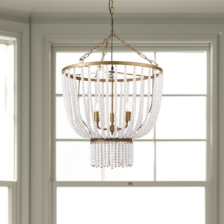 Homeroots Gold And White Empire Three Light Metal and Beads Dimmable Chandelier 611362