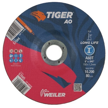 Tiger Cutting Wheel, Type 27, 6 in Dia, 0.045 in Thick, 7/8 in Arbor Hole Size, Aluminum Oxide 57045