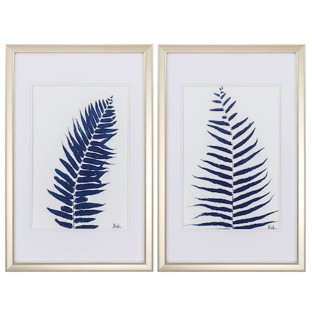Homeroots 18" X 28" Champagne Gold Color Frame Indigo Ferns, Set Of 2, 2PK 365755