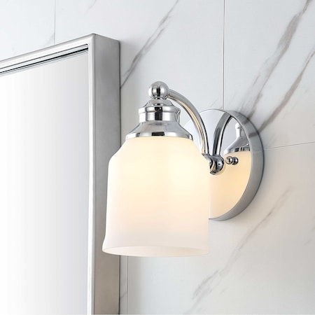 Jonathan Y Lydia 5.13" 1-Light Farmhouse Cottage Metal LED Vanity Light with Frosted Glass Shade, Chrome JYL7549A