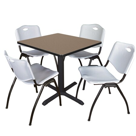 Regency Square Cain Breakroom Table W/ 4 M Stack Chairs, 30 in W, 30 in L, Noble Oak TB3030NO47GY