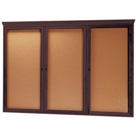 Aarco Enclosed Bulletin Board w/ Red Oak Frame and Crown Molding Walnut Stained, 48''Hx72''W, Three Door WBC4872RC