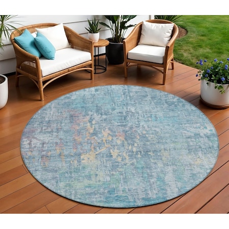 Homeroots 8' Blue Round Abstract Washable Indoor Outdoor Area Rug 607862