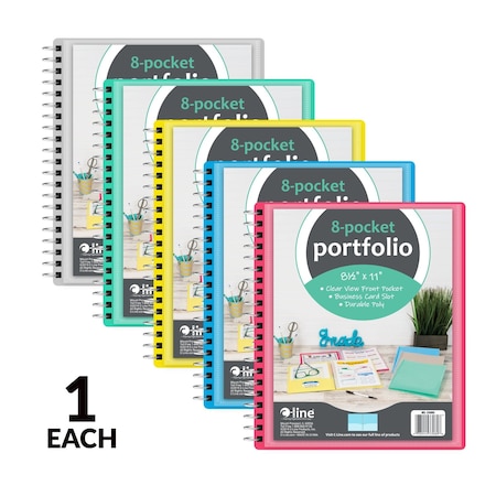 C-Line Products 8-1/2" x 11" Assorted 8-Pocket Spiral-Bound Poly Portfolio, 12EA/DS, 6DS/CT 33080-DS