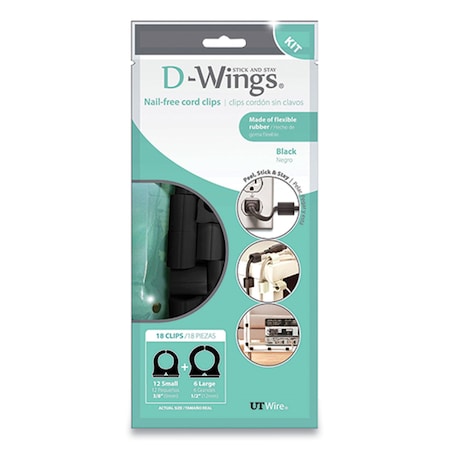 Ut Wire D-Wings Nail-Free Cord Clips, 12 Small 0.38in, Six Large 0.5in, Black, 18PK UTW-D18-BK