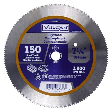 Vulcan Circular Saw Blade, Steel, Bulk, 150T x 7-1/4 in, 7-1/4 in Dia, 5/8 in, 13/16 in Arbor, 150 -Teeth 416880OR
