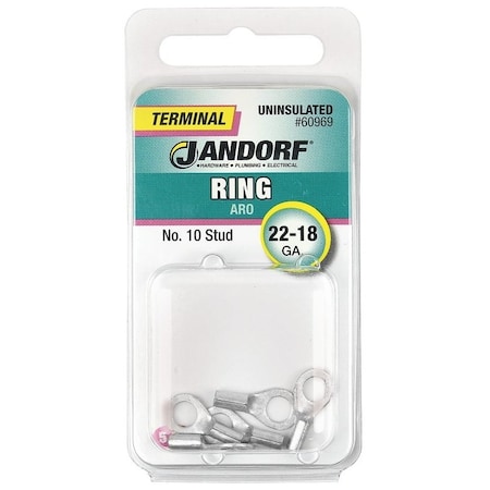 Jandorf Non-Insulated Ring Terminal, 22 to 18 AWG Wire, #10 Stud, Copper Contact 60969