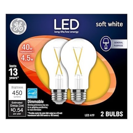 Ge LED Bulb, General Purpose, A19 Lamp, 40 W Equivalent, E26 Lamp Base, Dimmable, PK2 37669