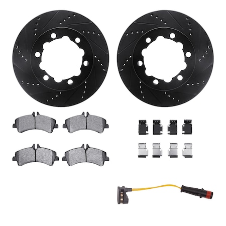 Dynamic Friction Co DFC Brake Rotor - Drilled & Slotted - Black w/HD Brake Pad w/HW Kit & Sensor 8222-63198