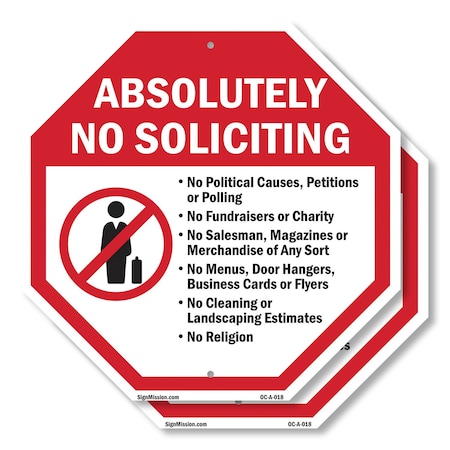 Signmission Absolutely No Soliciting No Politi, 10 inch X 10 inch, Aluminum Metal Signs, 2PK OC-A-2PACK-10-18