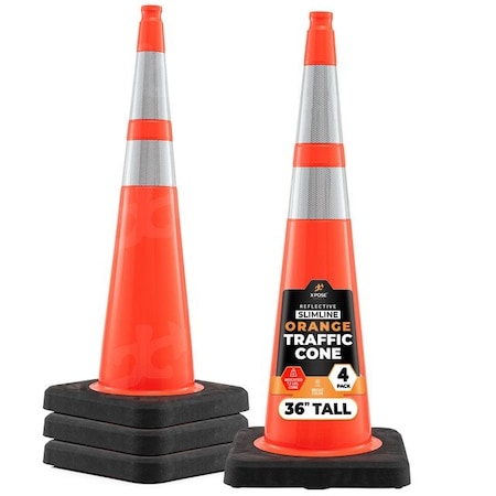 Xpose Safety 36 in Slim Line Orange Traffic Cone, Heavy Duty 12 lb Base, 6 in & 4 in Collar, DOT Approved, 4 PK OTC36SL-64-12L-4-X-S