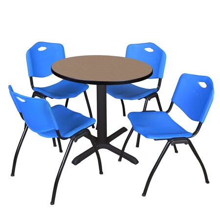 Regency Round Cain Breakroom Table W/ 4 M Stack Chairs, 30 in W, 30 in L, Noble Oak TB30RNDNO47BE