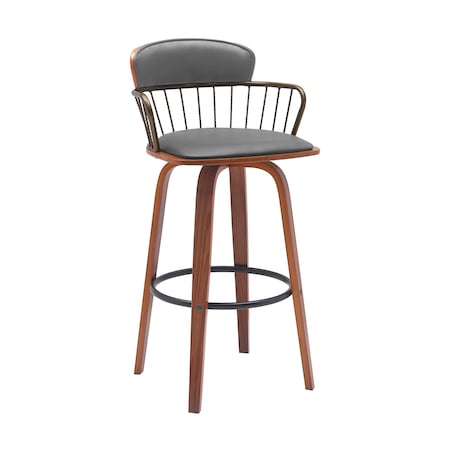 Armen Living Willow 30in Swivel Walnut Wood Bar Stool in Gray Faux Leather with Golden Bronze Metal LCWIBAWAGRY30