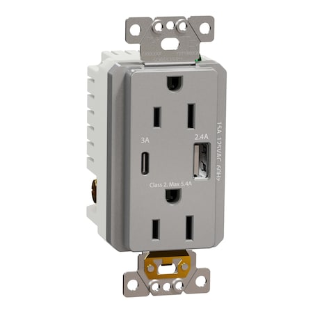 Square D Usb Charger + Socket-Outlet, 15 A Socket SQR55153GY