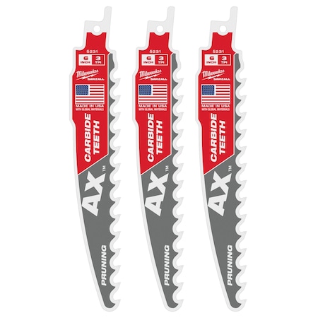 Milwaukee Tool 6 in. 3 TPI SAWZALL THE AX w/ CARBIDE TEETH Reciprocating Saw Blade for Pruning & Clean Wood (3 pk) 48-00-5331