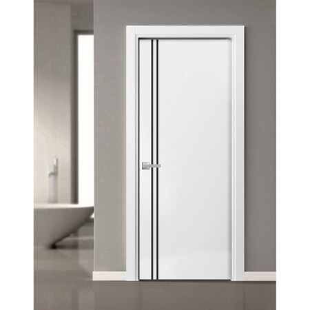 Sartodoors Modern Solid Interior Door with Handle, Planum 0016 White Silk and Aluminum Strips, Single Regural PLANUM0016ID-WS-3096