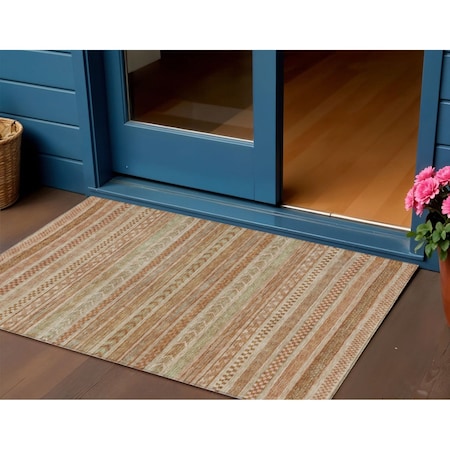 Homeroots 3' X 5' Terra Cotta And Rust Striped Washable Indoor Outdoor Area Rug 615386
