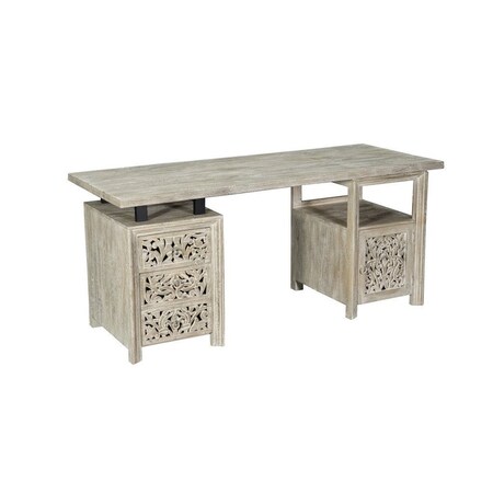 Homeroots 68" Gray Solid Wood Writing Desk With Three Drawers 569607