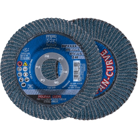 Pferd Flap Disc, 4-1/2 inx 7/8, Z SGP CURVE STEELOX, 40 Grit, Large Radius, Zirconia, 2PK 67698042