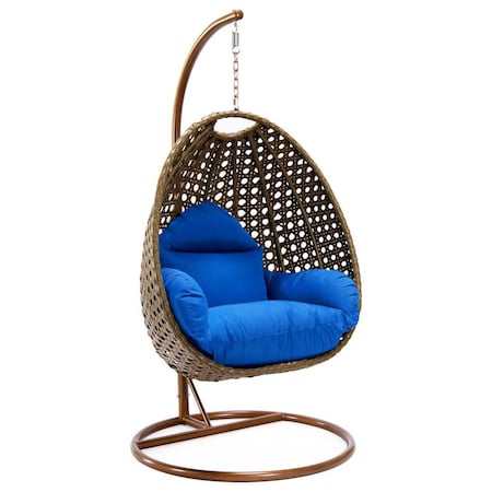 Leisuremod Beige Wicker Hanging Egg Swing Chair with Blue Cushions ESCBG-40BU