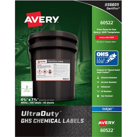 Avery Dennison Avery GHS Chemical Waterproof & UV Resistent Labels, Inkjet, 4-3/4in x 7-3/4in, 100/Pack 60522