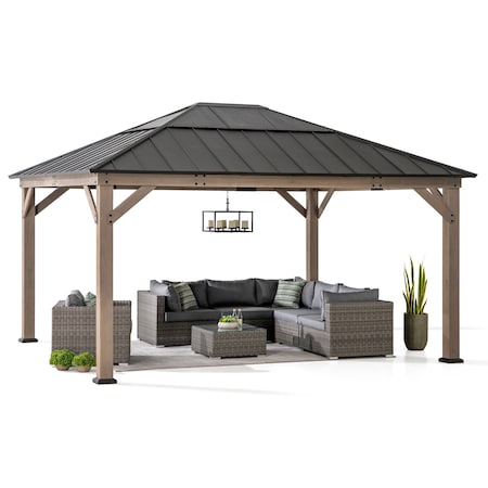 Sunjoy 13 ft. x 15 ft. Cedar Framed Gazebo with Brown Steel and Polycarbonate Hip Roof Hardtop A102007650
