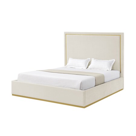 Homeroots Beige Solid Wood King Upholstered Velvet Bed 544794