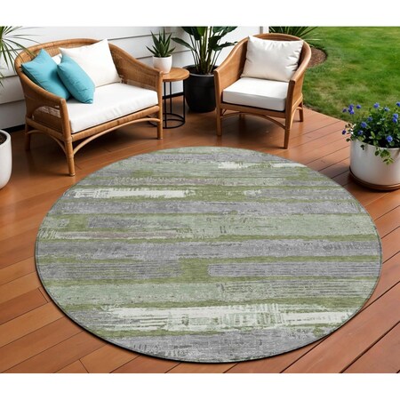 Homeroots 8' Olive Green Ivory And Blue Round Striped Washable Indoor Outdoor Area Rug 616672