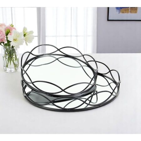 Homeroots Set of Two Black And Silver Metal And Mirrored Glass Round Vanity Trays 625649