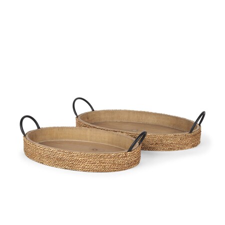 Homeroots Set of Two Brown Jute Hand Finished Oval Vanity Tray With Handles 731279