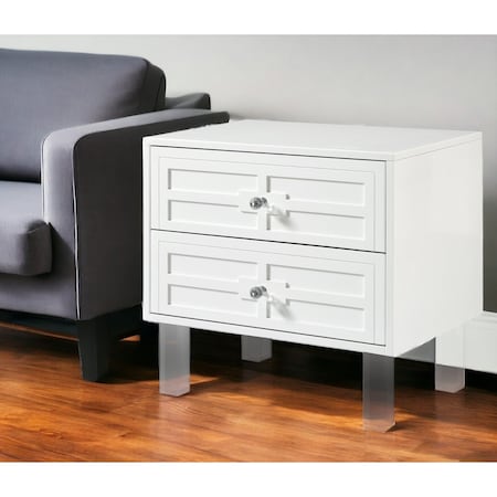 Homeroots 24" White and Clear Wood and Acrylic End Table With Two Drawers 544103