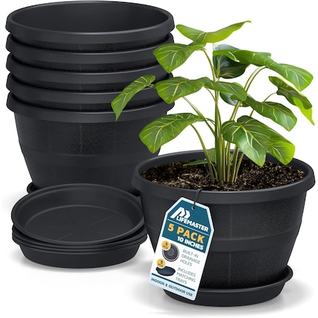 Lifemaster 10-Inch Whiskey Barrel Planters, Durable Plastic Pots with Drainage and Saucer, 5PK LMPBP5BLK5