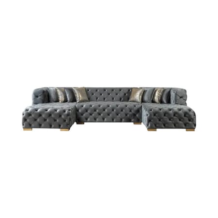 Homeroots Tufted Gray Velvet Modular U Shaped Sofa and Chaise Sectional With Toss Pillows 642272