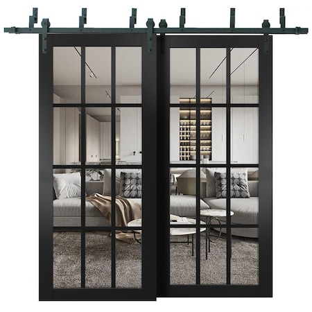 Sartodoors Sliding Closet Barn Bypass Doors, Felicia 3355 Matte Black with Clear Glass, Sturdy 6.6ft Rails Ha FELICIA3355BBB-BLK-6484