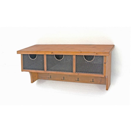 Homeroots Brown Rustic Wooden Wall Shelf With 3 Drawers And Hooks 274502