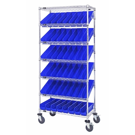 Quantum Storage Systems WIRE SHELVING UNIT W/48 BLUE BINS MOBILE MWRS-7-103BL