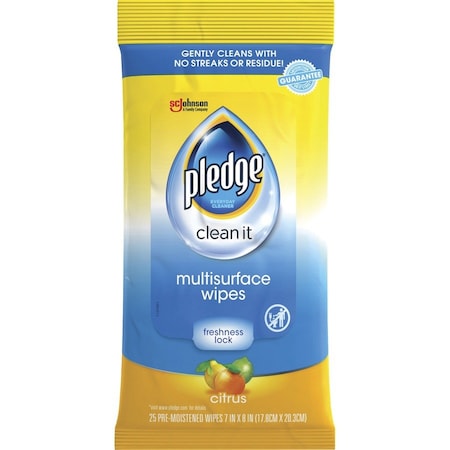 Pledge Multi-Surface Cleaner Wet Wipes, Cloth, 7 x 10, Fresh Citrus, 25 Wipes, 12PK 319249