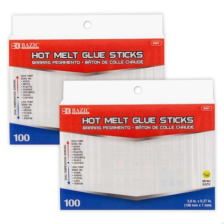 Bazic Products Mini Hot Melt Glue Sticks, Dual Temp, 3.9in. x 0.27in., 100 Per Box, 2PK 2091