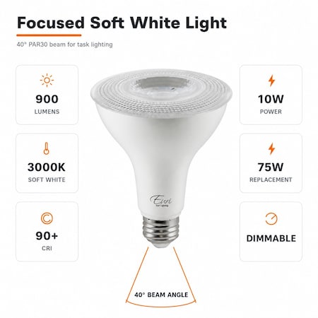 Euri Lighting PAR30 LED Bulbs, 10W, 900 lm, 75W Eq., 3000K, E26, Dimmable, CEC/JA8/UL, 2PK EP30-10W5000cec-2