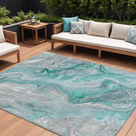 Homeroots 10' X 14' Teal Blue And Ivory Abstract Washable Indoor Outdoor Area Rug 617619