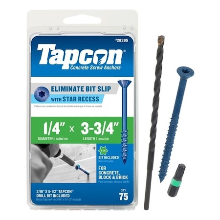 Tapcon Tapcon Concrete Screw, 1/4" Dia., Flat, 3 3/4 in L, Steel Climaseal Coated 28395